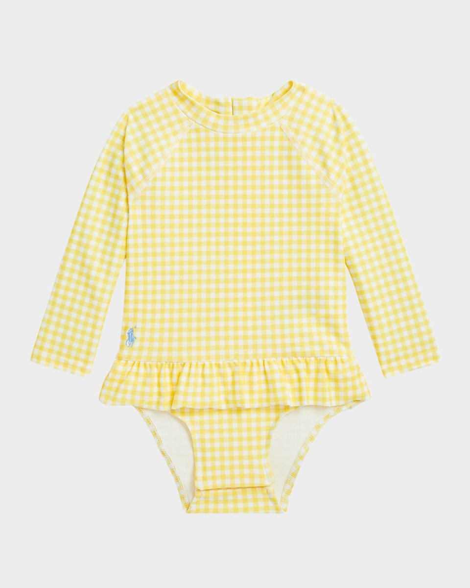 Girl's Gingham-Print Ruffle Rashguard, Size 3M-24